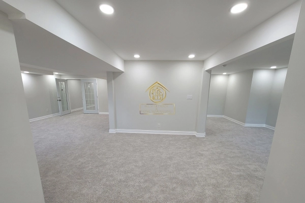 basement remodeling new jersey, with capet floor, trim color white, wall color gray